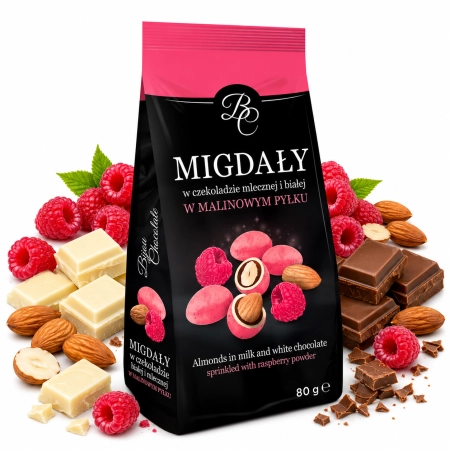 Migdały w czekoladzie mlecznej i białej w malinowym pyłku 80g